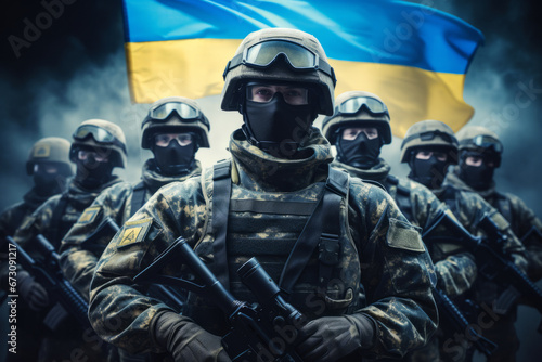 Ukrainian soldiers standing against the background of the Ukrainian flag facing the camera, the theme of the war and conflict in Ukraine with russia.generative ai
 photo