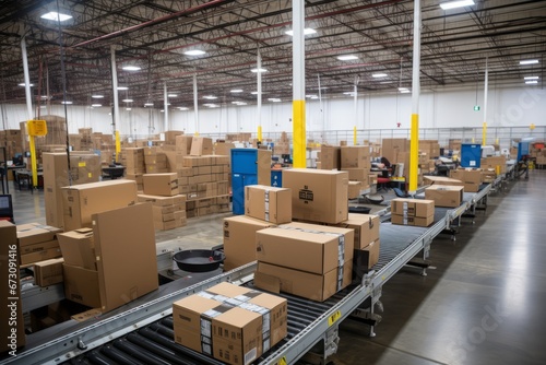 Automated warehouse fulfillment center with continuous flow of packages on conveyor belt