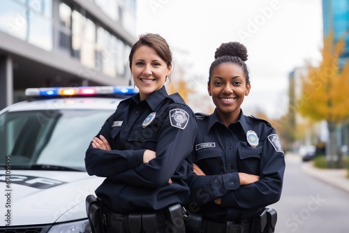 African American police officer and white police officer stand together. Black cop with white cop posing. African American with European colleague pose against police car before shift. photo