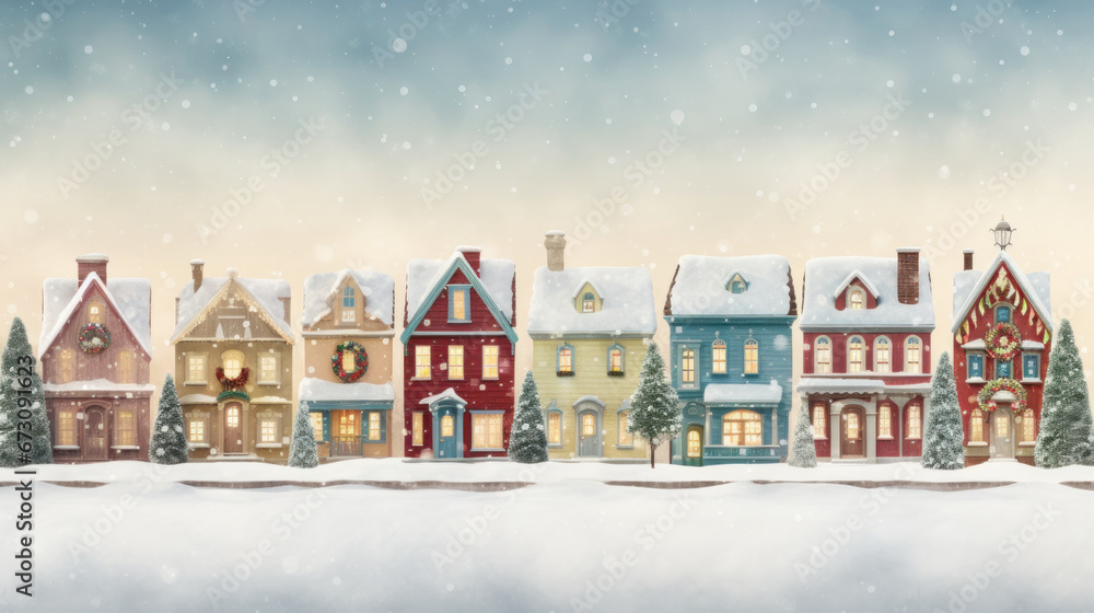 Vintage Holiday Row: Charming Christmas Houses Set in a Cozy Winter Scene for New Year.