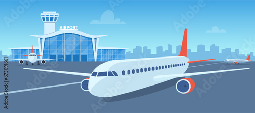 Airport terminal building, control tower and big aircraft on runway. City building silhouettes on background. Time to travel. Travel concept. Vector illustration.