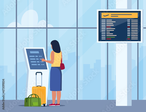 Woman self check in at automatic machine in airport terminal. Buying ticket using interactive terminal. Airport interior with panoramic windows, departure board, flight schedule. Vector illustration.
