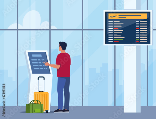 Man self check in at automatic machine in airport terminal. Buying ticket using interactive terminal. Airport interior with panoramic windows, departure board, flight schedule. Vector illustration.