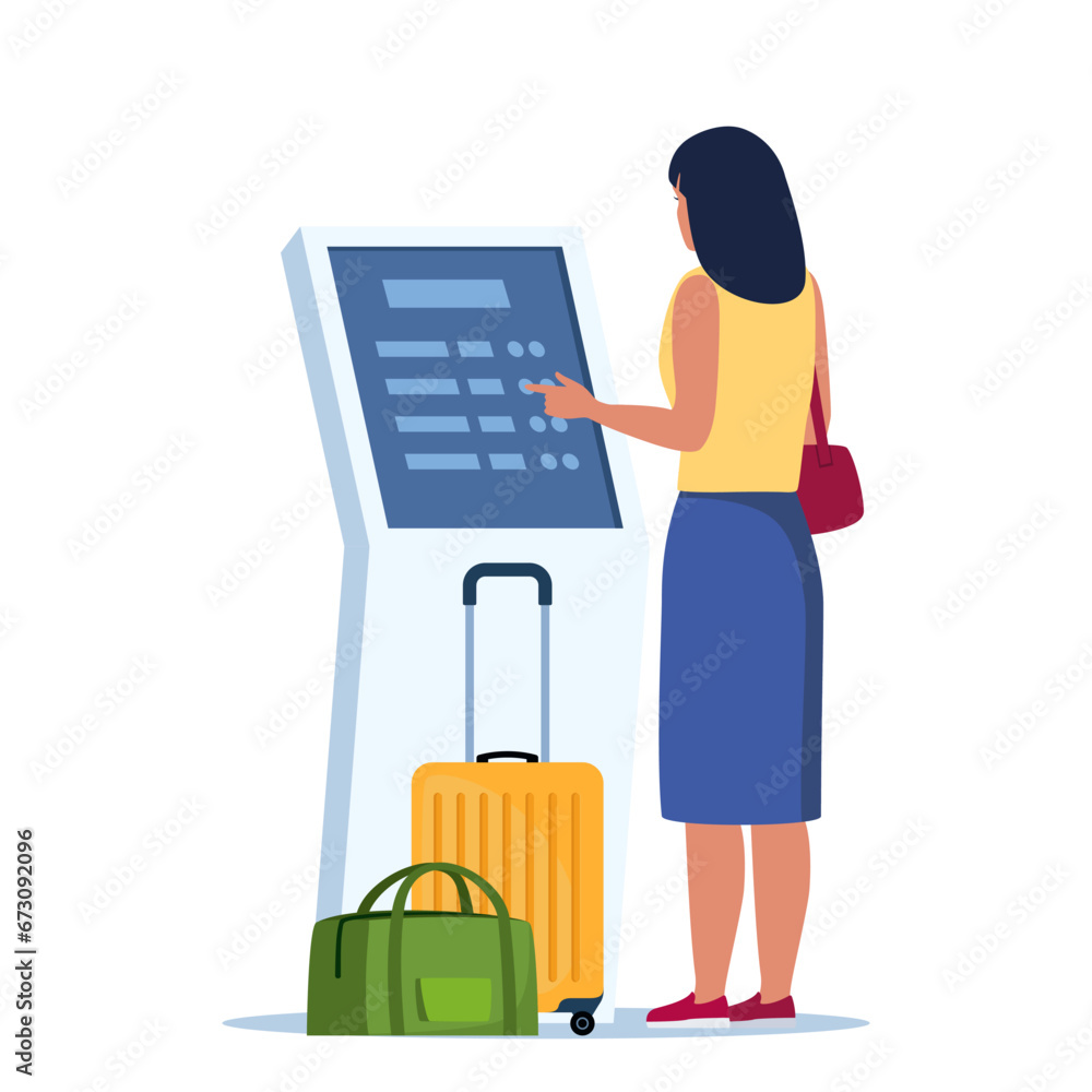 Woman self check in at automatic machine in airport terminal. Buying ticket using interactive terminal. Vector illustration. Woman self check in at automatic machine in airport terminal. Buying ticket using interactive terminal. Vector illustration.