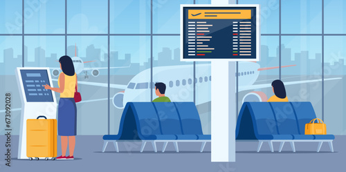 People in airport arrival waiting room or departure lounge with chairs and information panel. Woman self check in at automatic machine or buying ticket using interactive terminal. Vector illustration. photo