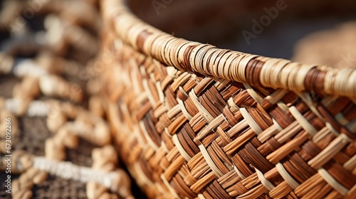 A close-up of woven straw basket with intricate natural patterns and handwoven details photo