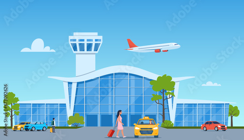 Airport terminal building, yellow taxi car, plane taking off in the background. Passenger with suitcase goes to the taxi. Travelling by plane concept. Vector illustration.