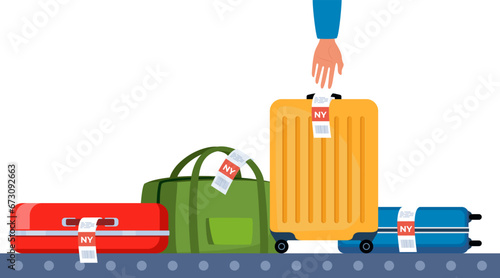 Airport conveyor belt with luggage. Carousel system with travel suitcases and bags with stickers. Human hand reaches for suitcase. Baggage collection at the airport. Vector illustration.