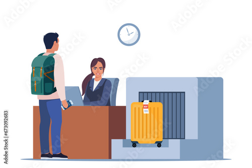 Passenger at international airport check in desk counter gate with weighting luggage belt, security check point, metal detector, x-ray scanner. Passenger and baggage check-in. Vector illustration. photo