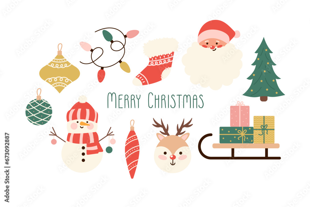 Christmas card with cute Christmas elements. Santa Claus, Christmas tree, gifts, reindeer, snowman Christmas card with cute Christmas elements. Santa Claus, Christmas tree, gifts, reindeer, snowman