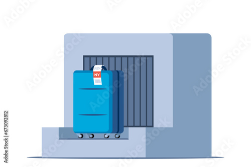 Baggage check-in. Suitcase with label on weighting luggage belt. Security check point, metal detector, x-ray scanner. Vector illustration.