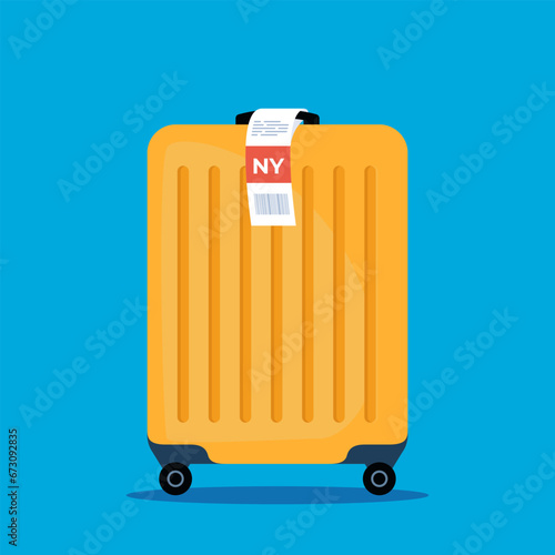 Luggage with airport sticker label. Suitcase with tag. Vector illustration.
