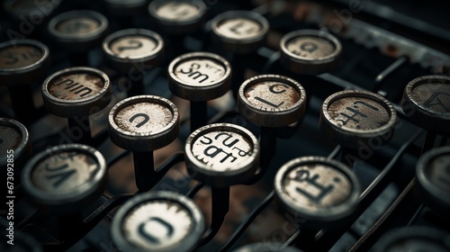 Macro shot of vintage typewriter keys with well-worn and faded letters