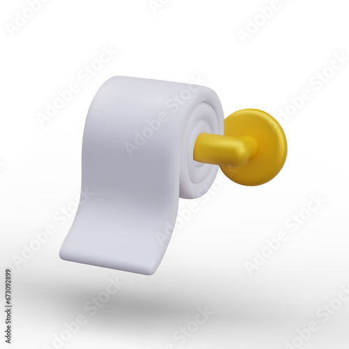 Roll of white soft toilet paper on golden holder. Sanitary napkins, toilet paper. Twisted kitchen towel. 3D illustration in cartoon style. Isolated vector image