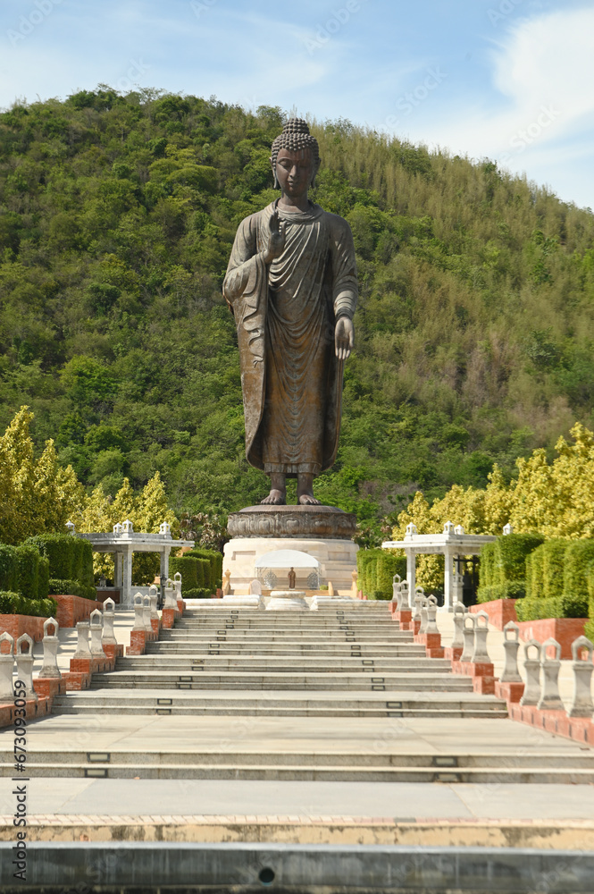 Naklejka premium Thipsukontharam temple houses the Buddha Maha Metta Prachathai Trilokanath Khanthararat Anusorn. Buddha statue asking for rain Made of bronze, 32 meters high, standing on an 8 meter high base. 