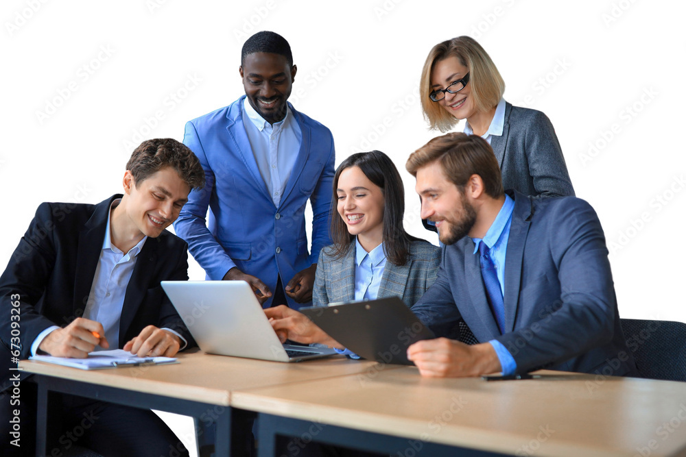 startup business team on meeting working on laptop and tablet computer on a transparent background startup business team on meeting working on laptop and tablet computer on a transparent background