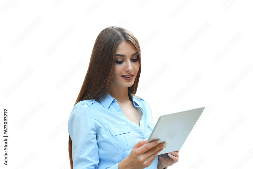 Attractive smiling woman working on a tablet on a transparent background Attractive smiling woman working on a tablet on a transparent background