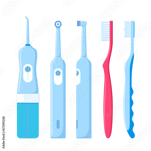 Dental cleaning tools. Set of toothbrushes and irrigator. Electrical tooth hygienic equipment. Teeth health. Vector illustration.