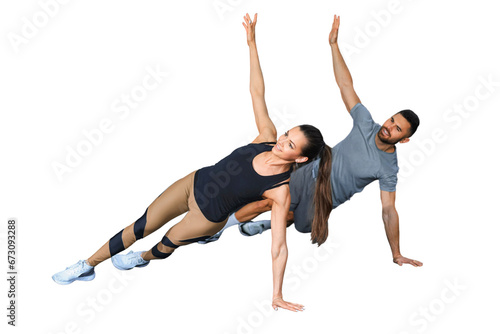 Backs of young sporty girl and guy doing physical exercise on a transparent background