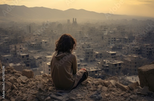 Homeless boy watches bombarded city destroyed