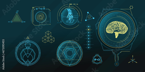 Circular vector infographic elements for sci-fi interface.