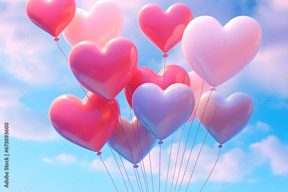 Pink heart shape balloons isolated on blue sky background