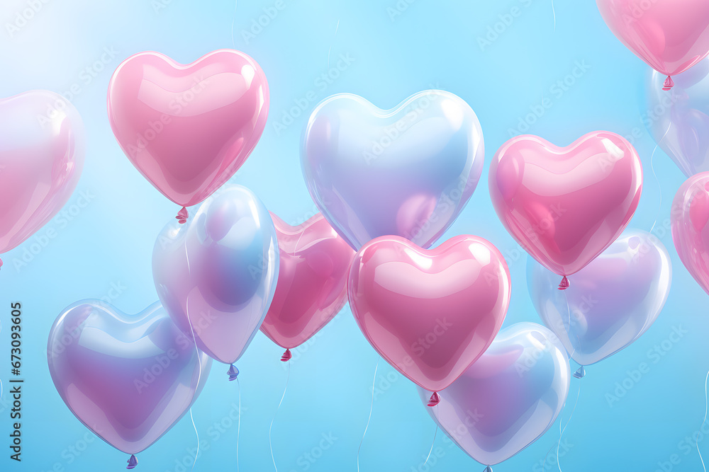 Pink heart shape balloons isolated on blue sky background