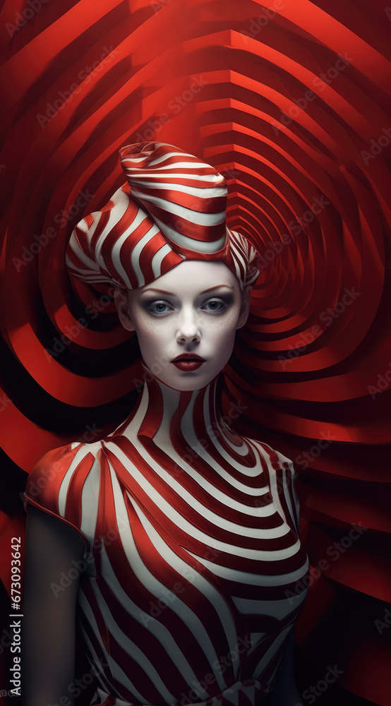 Surreal portrait of a lady with red-white stripes blending with an optical illusion background. Surreal portrait of a lady with red-white stripes blending with an optical illusion background.
