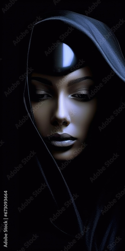 Artistic image of a serene woman in a hood, featuring cool tones and subtle lighting, evoking mystery. Artistic image of a serene woman in a hood, featuring cool tones and subtle lighting, evoking mystery.