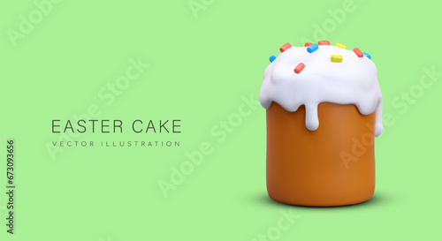 Easter cake in with white cream. Placard with delicious sweet bread for holiday on blue background. Bakery concept. Vector illustration in 3d style with place for text