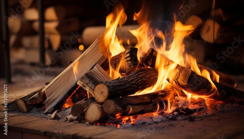 Warm and inviting home decor close up of neatly stacked firewood in front of a crackling fireplace photo