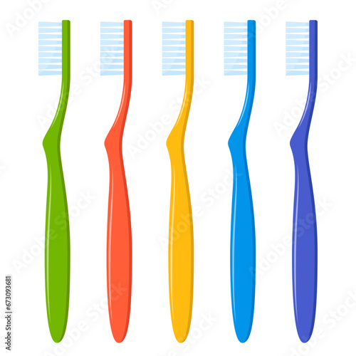 Multicolored toothbrushes, set. Dental cleaning tools. Manual tooth hygienic equipment. Dentistry oral protect with handle bristle. Teeth health and beauty. Vector illustration.