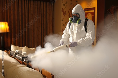 Professional pest control technician in a mask and protective suit fumigating with toxic gas photo