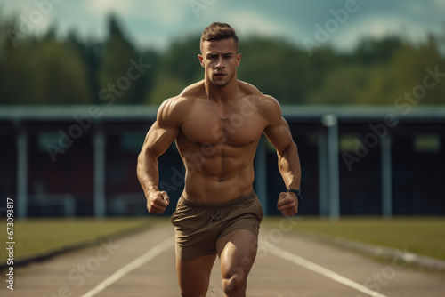 Full length shot of a handsome young male athlete running on an outdoor track