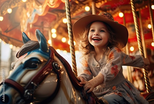Happy little boy expressing joy and smiling while riding on carousel photo