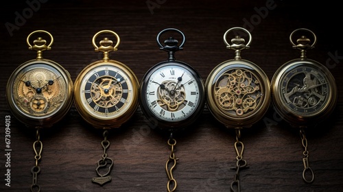 A collection of antique pocket watches, each displaying the intricate details of their dials and casings