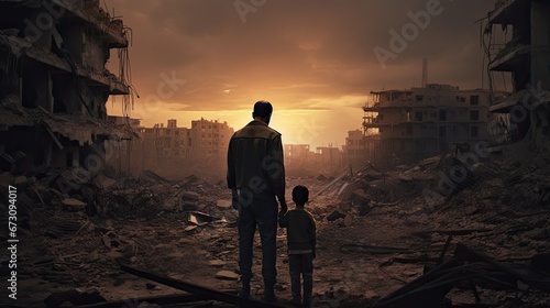 Homeless father and son walk in a destroyed city, as soldiers, helicopters and tanks still attack the city
