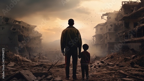 Homeless father and son walk in a destroyed city, as soldiers, helicopters and tanks still attack the city