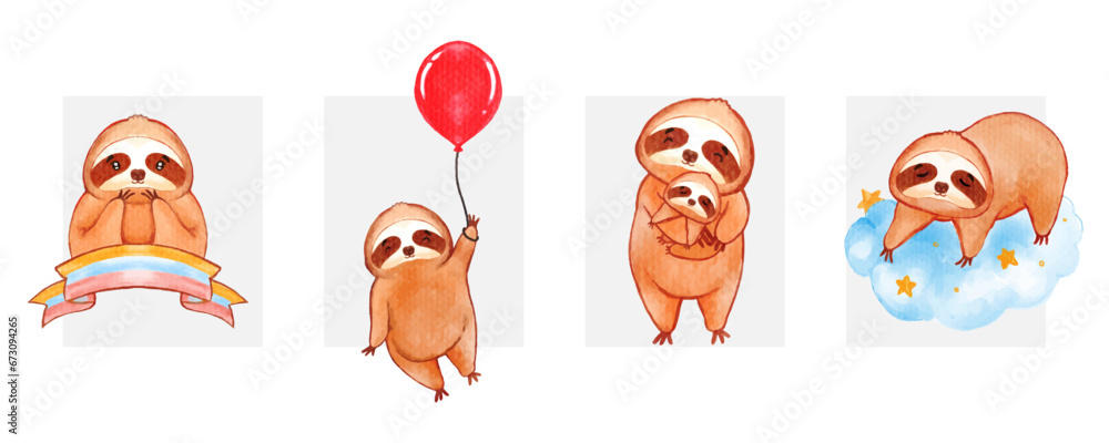 Watercolor cute Sloth cartoon character design collection with different on white background. Vector illustration