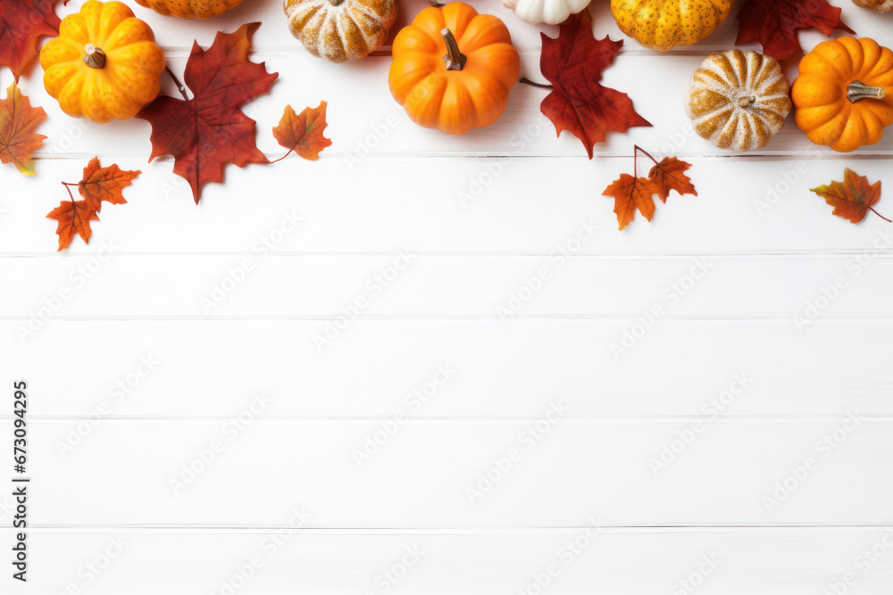 Fototapeta premium Autumn Festive Decor on White Wooden Background