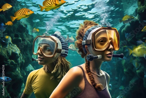 snorkeling in the tropical water with colorful fishes and corals