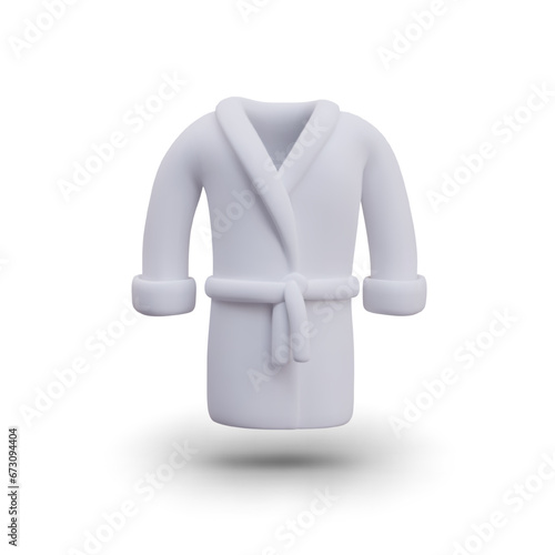 Realistic white robe in vertical position. Bathrobe with belt, mockup. Isolated vector image. Garment for sauna, spa. Illustration for textile manufacturer, home wear store