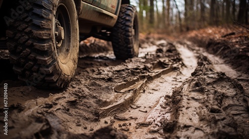 Rough, textured tire treads on a muddy and rugged off-road trail