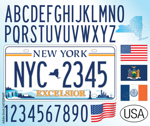 New York State car license plate, new pattern 2020, letters, numbers and symbols, USA, United States, vector illustration photo