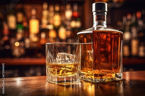 whiskey glass and whiskey bottle on bar in caffe