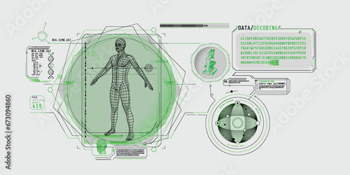 Medical research futuristic interface screen with data decoding.