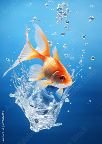 A goldfish is just jumping from a fishbowl and looking back the water splashing with blue background created with Generative Ai