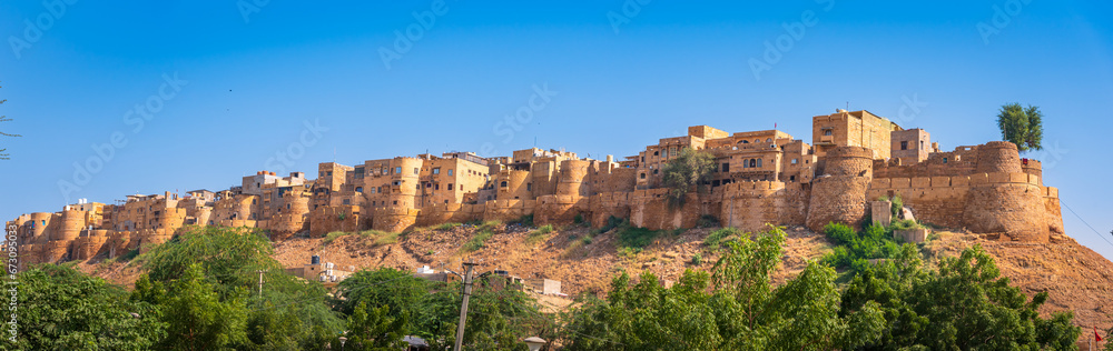 Panoramic view of the Jaisalmer Fort at Rajasthan, India also known as golden fort or Sonar quila. A UNESCO World Heritage site in Hill forts of Rajasthan.