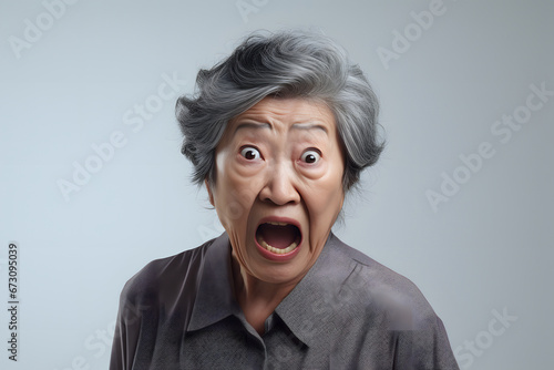 Mad senior Asian woman yelling on grey background. Neural. Neural network generated image. Not based on any actual person or scene. photo