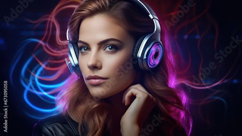 Beautiful Woman with Headphones and Neon Waves